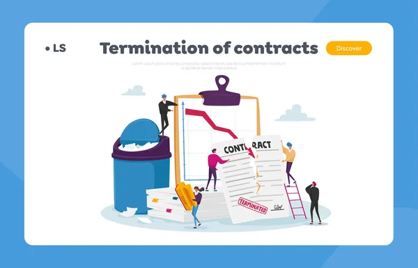 Tiny Characters at Huge Document Tear Terminated Contract Landing Page Template Жінка з маркою на розсипаних паперах — стоковий вектор