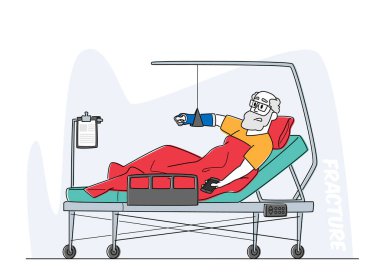 Kıdemli Erkek Karakter Kırık Kollu Klinik Odası 'nda yatıyor. Yaralı Bandajlı Hasta Bağlı Elle Yatıyor
