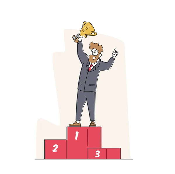 Successful Businessman Character with Gold Goblet in Hand Stand on Golden Podium with Number One. Goal Achievement — Stock Vector