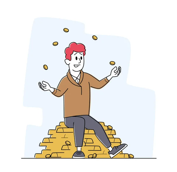 Homem rico fazendo malabarismo com moedas de ouro sentadas na pilha de barras de ouro. Empresário bem sucedido, Investidor ou Vencedor da Loteria — Vetor de Stock