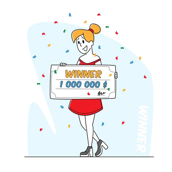 Lottery Winner Hold Huge Voucher on Million Dollars for Getting Money in Bank. Lucky Woman Rejoice for Get Paycheck Win — Stock Vector