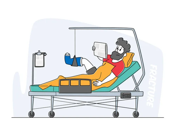 Klinická komora s obvázanou mužskou postavou ležící na posteli s ohnutou zlomenou nohou po autonehodě, zraněný pacient — Stockový vektor