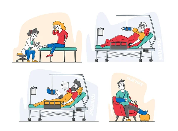 一组伤患、院内医生、断头、断臂、腿躺在床上的骨折患者 — 图库矢量图片