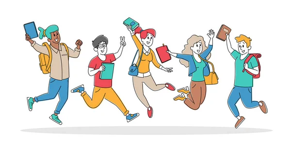 Set Happy Students Characters Springen met rugzakken en lesboeken. Schooljongens of schoolmeisjes Lachen, zwaaiende handen — Stockvector