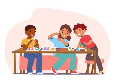 Anaokulundaki çizgi film sahnesinde el sanatları dersi sırasında farklı figürler yaratmak için kilden plastikle oynayan heyecanlı anaokulu çocukları. Mutlu çocuklar oyuncak vektör çizimi yapıyor.