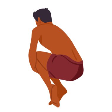 Güneş yanığı vücutlu, atlama pozisyonunda yüzme pantolonu giyen genç bir plaj adamı beyaz arka planda izole bir şekilde poz verir. Enerjik erkek turist çizgi film karakteri hareket vektörü çiziminde donuyor