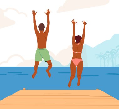 Bronzlaşmış adam ve kız mayo giyip plaj karikatürü sahnesinden suya atlıyorlar. Heyecanlı kaygısız arkadaşlar yaz tatili vektör illüstrasyonunun başlangıcını kutluyorlar