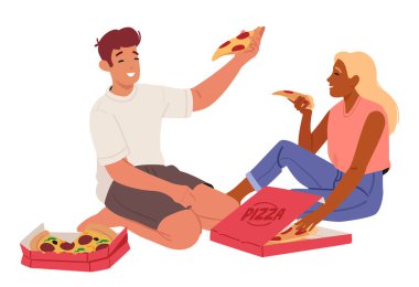 Genç erkek kız çizgi film karakterleri pizzayı tadarken yerde oturup haberleri paylaşıyorlar ve beyazlar üzerinde konuşuyorlar ve gülüyorlar. Birlikte eğlenen mutlu gençler vektör illüstrasyonu