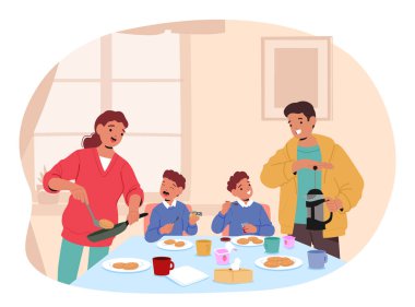 Ebeveynlerin çocuklara baktığı, kahvaltı hazırlayan ve yemek için içen aile sabah çizgi filmi sahnesi. Mutlu anne, baba ve çocuklar yemek masasında vektör çiziminde. Yurt içi yaşam tarzı