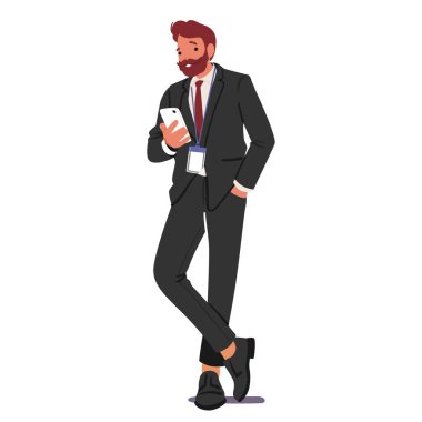 Beyaz üzerine izole edilmiş cep telefonu kullanan zarif iş adamı çizgi film karakteri. Başarılı yakışıklı girişimci internette sörf yapıyor, iş arkadaşlarıyla internette konuşuyor, haber vektörü illüstrasyonlarını okuyor.