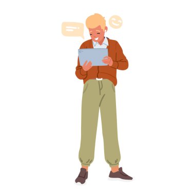 Neşeli ergen çocuk çizgi film karakteri şakalar okuyor ve beyaz arka planda izole edilmiş mobil tablet ekranlara bakarak gülümsüyor. Eğlence ve neşe vektörü çizimi için dijital aygıt kullanan genç