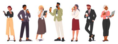 İş yerindeki çeşitli iş adamları çizgi film karakterleri beyaz arka planda tam boy portre izole ettiler. İş adamı ve kadın telefonda konuşuyor. Laptop vektör illüstrasyonuyla video konferansı düzenliyorlar.