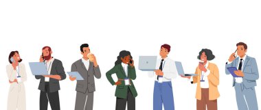 Meşgul iş adamları beyaz fotokopi alanının önünde sıra sıra bekleyen çizgi film karakterleri. Şirket personeli çeşitliliği profesyonel işgal ve verimli takım çalışması zaman yönetimi illüstrasyonu