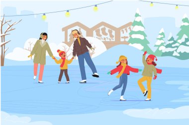 Kış buz pateni şehir parkındaki çizgi film sahnesinde mutlu aile üyeleri ve sıcak giysiler içinde çocuklar. Baba, oğul ile anne, kız en iyi arkadaşlar Noel kutlaması eğlenceli vektör illüstrasyonları