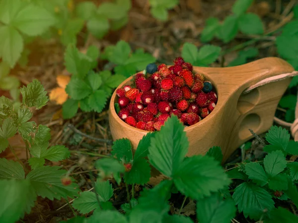 Tasty Wild Strawberries Wooden Cup — Stock Photo, Image