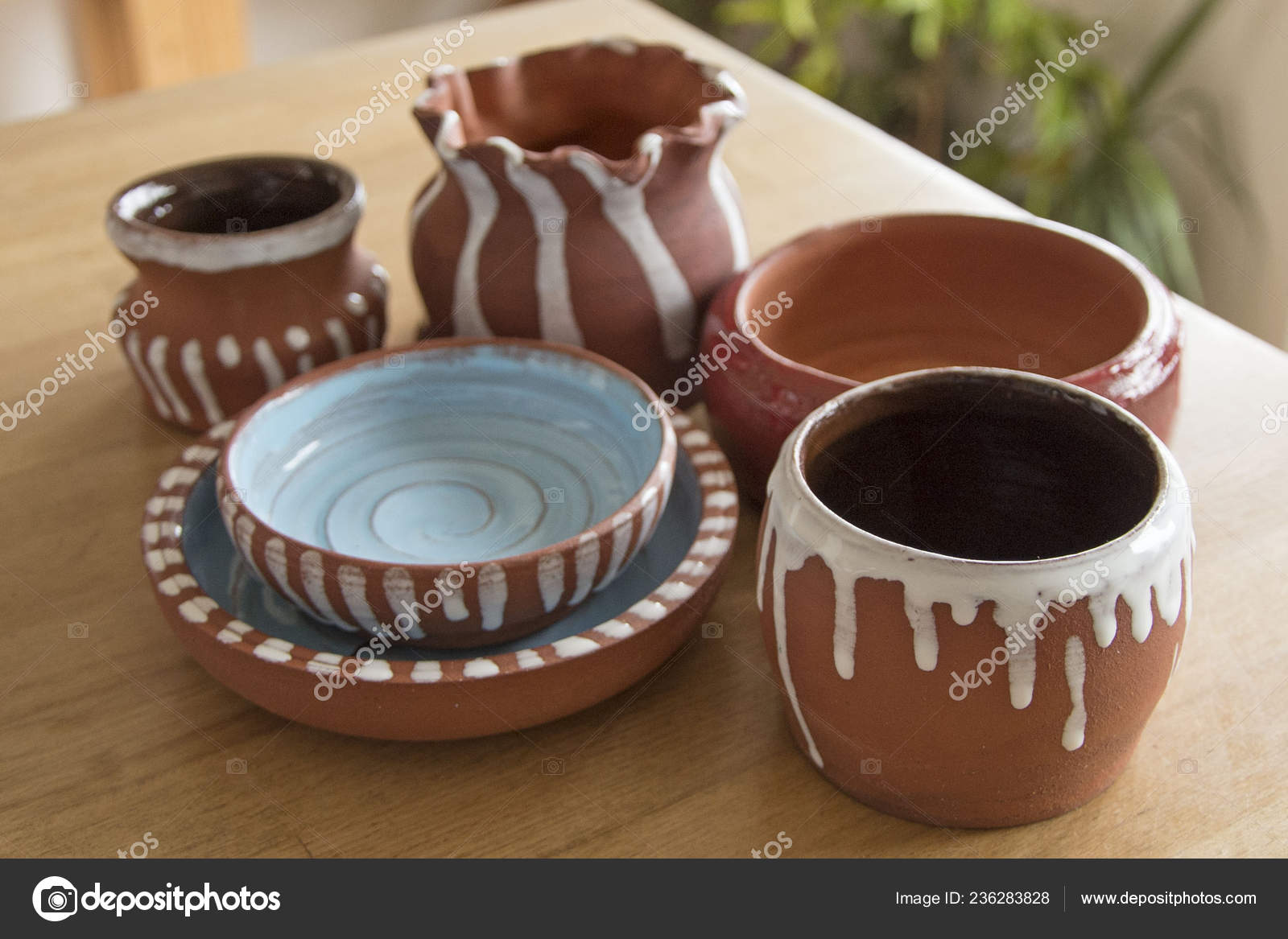 Several Fired Pottery Wessels Decorated Glaze Engobas Oxides