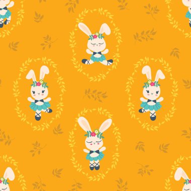 Yeşillik üzerinde dans sevimli tavşan balerin ile Dikişsiz desen. Kawaii tavşan bale dans illüstrasyon. Tekstil, kumaş, dekorasyon, duvar kağıdı, sarma veya ambalaj için tasarım