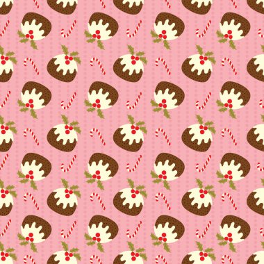 Pembe benekli puding ve baston şekerle kusursuz Noel deseni