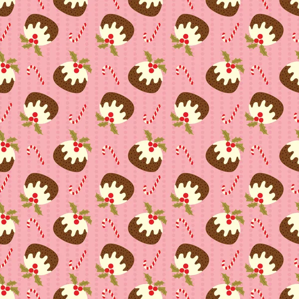 Patrón sin costuras de Navidad con pudín y bastón de caramelo en lunares rosados — Vector de stock