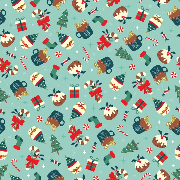 Χριστούγεννα απρόσκοπτη μοτίβο με γλυκό επιδόρπιο τοποθετημένα σε πυκνό στυλ — Διανυσματικό Αρχείο