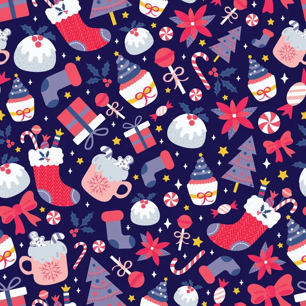 Χριστούγεννα απρόσκοπτη μοτίβο με γλυκά επιδόρπια — Διανυσματικό Αρχείο