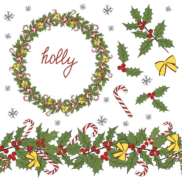 Winter xmas decoration illustration. Holly berry mistletoe. Christmas wreath. Winter xmas ornament. Vector ball.