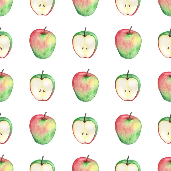 Red and green apples seamless watercolor pattern. Illustration with apples on a white background. Vegetarian background Colorful abstract design. Geometric abstract pattern.