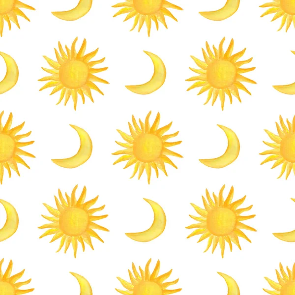 Watercolor weather forecast seamless pattern. Hand drawn sun, moon, rain and clouds pattern. Isolated background Cloth design. White background. Weather watercolor illustration. Decoration