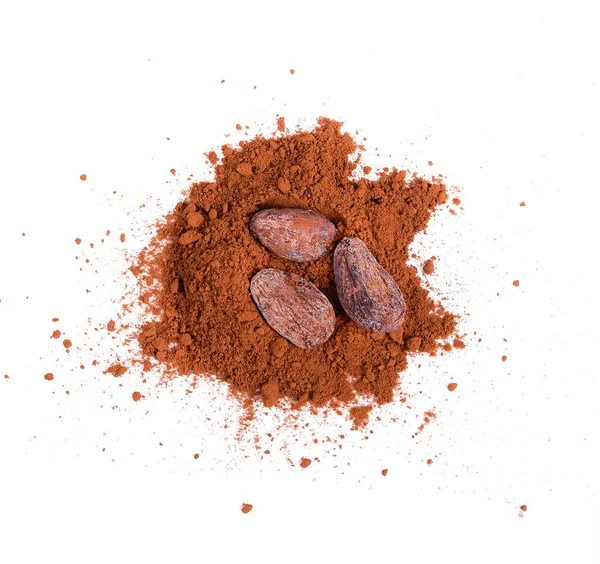 Poder de cacao, semillas de cacao sobre fondo blanco . —  Fotos de Stock