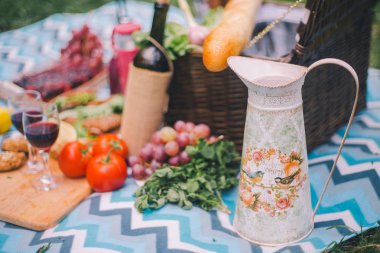 Doğada yakın çekim piknik. Sürahi ve gıda - yeşillik, domates, grap