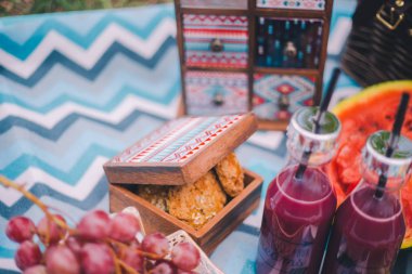 Doğada yakın çekim piknik. Bir kutuda kurabiye, üzüm, karpuz 