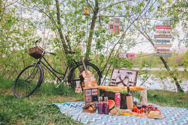 Doğada yaz pikniği tasarla. Ekose üzerinde yiyecek bir sepet