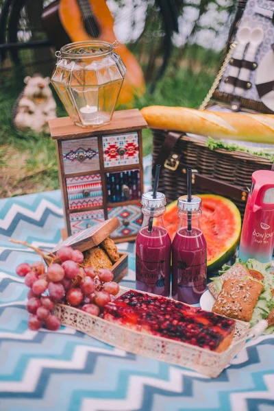 Primer plano de diseño de picnic de verano en la naturaleza. En el cuadros es un baske — Foto de Stock