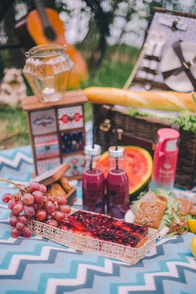 Primer plano de diseño de picnic de verano en la naturaleza. En el cuadros es un baske — Foto de Stock