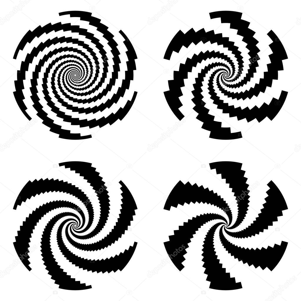 Set of design monochrome spiral movement illusion backgrounds. Abstract design elements. Vector-art illustration