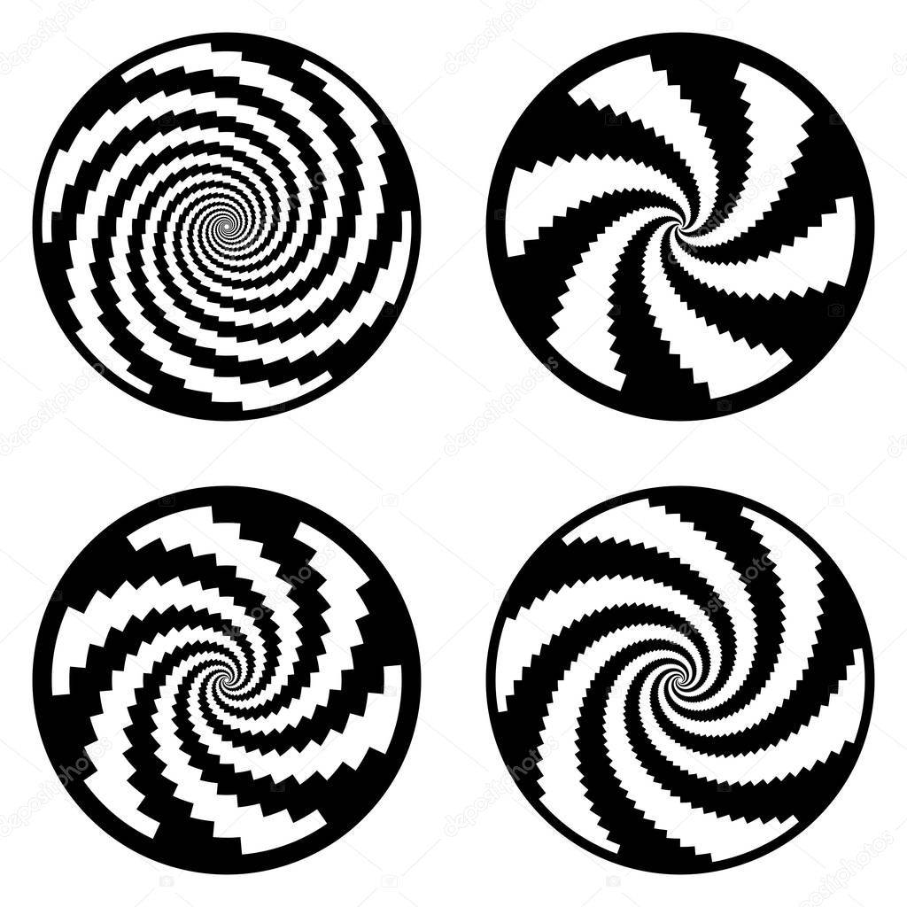 Set of design monochrome spiral movement illusion backgrounds. Abstract design elements. Vector-art illustration