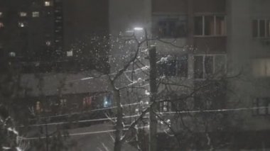 Geceleri yağan şiddetli kar, tatillerde sokak lambasının yanında parlıyor.