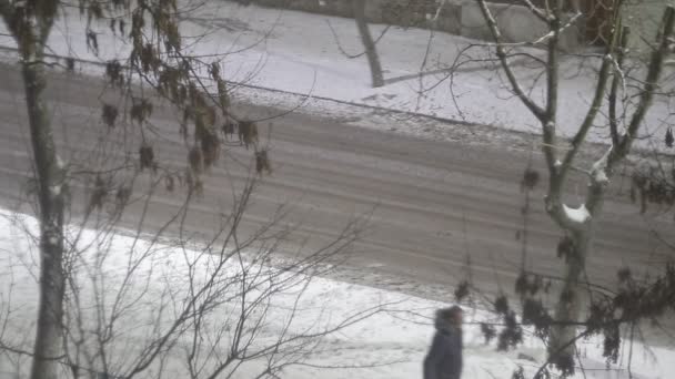 Οι άνθρωποι περπατούν από το δρόμο το χειμώνα χιονισμένη νύχτα κάτω από το δρόμο φανάρι μετά — Αρχείο Βίντεο