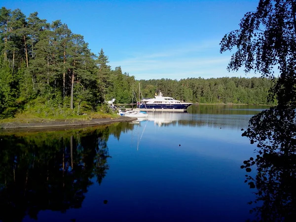 Mäktiga träd växer längs stranden av Valaam ö. Den underbara ön Valamo ligger vid sjön Lodozhskoye, Karelen. Bileam - ett steg till himlen. — Stockfoto