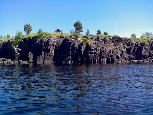 強大な木は、ヴァラーム島の海岸に沿って成長します。ヴァラームは湖 Lodozhskoye、カレリアにある素晴らしい島です。バラム - 天国へのステップ. — ストック写真