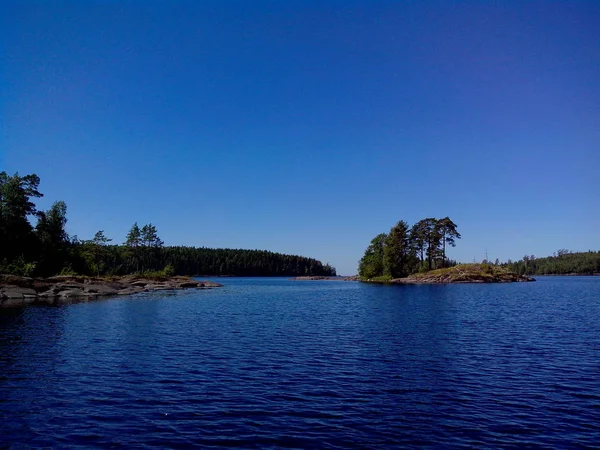 Mäktiga träd växer längs stranden av Valaam ö. Den underbara ön Valamo ligger vid sjön Lodozhskoye, Karelen. Bileam - ett steg till himlen. — Stockfoto