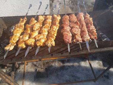 Sulu içinde Marine baharat et kebap şişleri üzerinde pişmiş ve bir yangın ve açık bir günde karlı kış doğada kömür barbekü ızgara üzerinde kızarmış