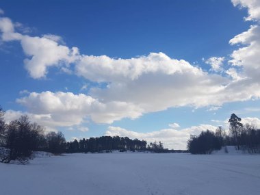 Kış manzarası, ağaçlar mavi gökyüzünde bulutlar karşı karda.
