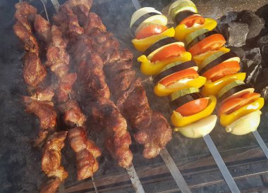 Sulu içinde Marine baharat et kebap şişleri üzerinde pişmiş ve bir yangın ve açık bir günde karlı kış doğada kömür barbekü ızgara üzerinde kızarmış