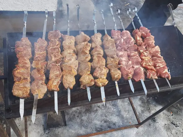 Juteux mariné dans des épices kebab de viande sur des brochettes, cuit et frit sur un barbecue au feu et au charbon de bois, dans la nature de l'hiver enneigé, par temps clair — Photo