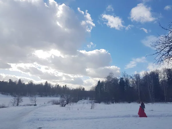 Winterlandschaft, Bäume im Schnee gegen den blauen Himmel in den Wolken. — Stockfoto