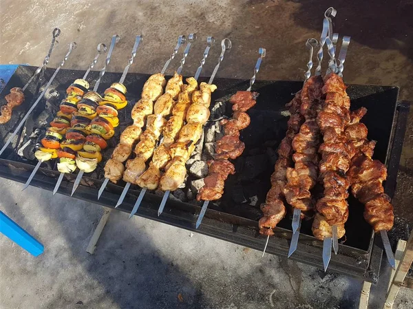 Sulu içinde Marine baharat et kebap şişleri üzerinde pişmiş ve bir yangın ve açık bir günde karlı kış doğada kömür barbekü ızgara üzerinde kızarmış