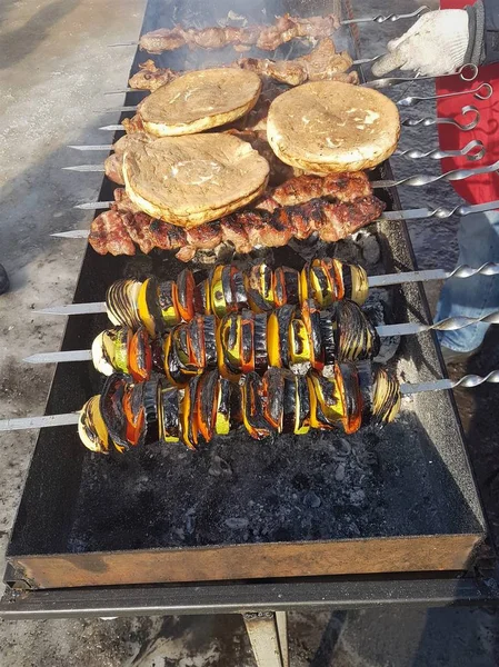 Juteux mariné dans des épices kebab de viande sur des brochettes, cuit et frit sur un barbecue au feu et au charbon de bois, dans la nature de l'hiver enneigé, par temps clair — Photo