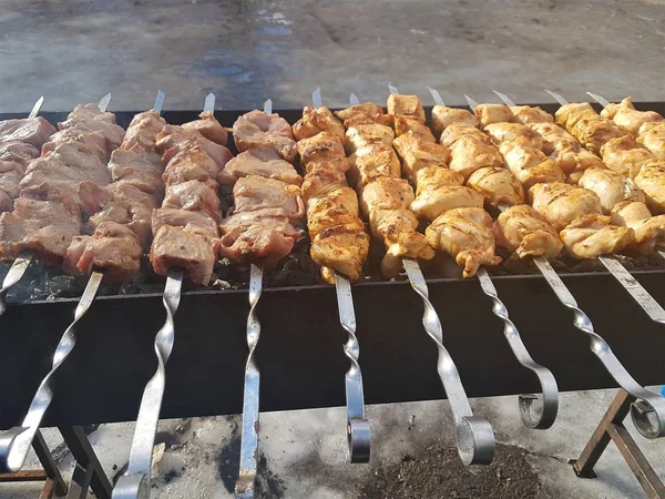 Sulu içinde Marine baharat et kebap şişleri üzerinde pişmiş ve bir yangın ve açık bir günde karlı kış doğada kömür barbekü ızgara üzerinde kızarmış