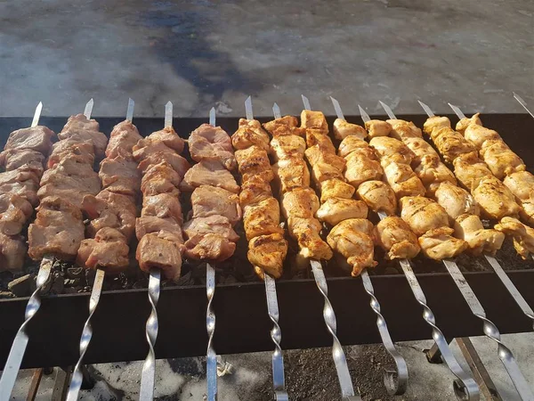 Juteux mariné dans des épices kebab de viande sur des brochettes, cuit et frit sur un barbecue au feu et au charbon de bois, dans la nature de l'hiver enneigé, par temps clair — Photo